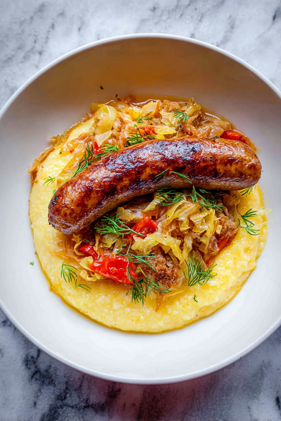 A plate of food with a sausage and vegetables.
