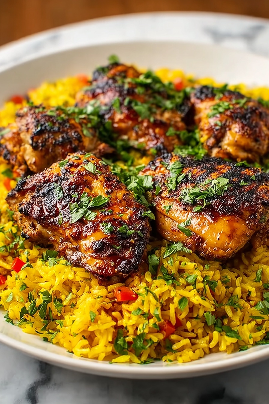A plate of rice with chicken on top.