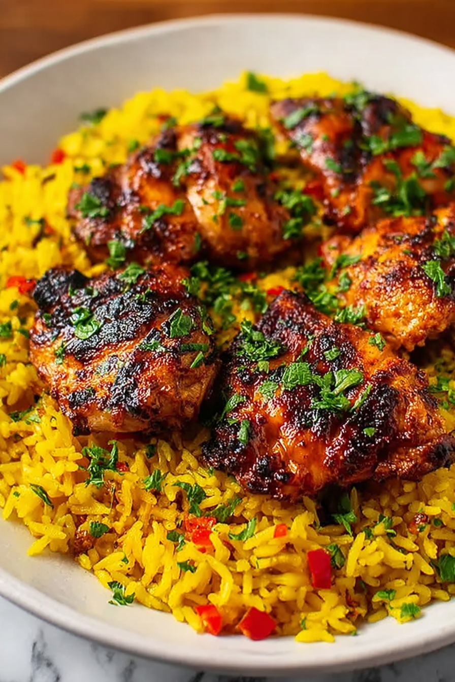 A plate of rice with chicken on top.