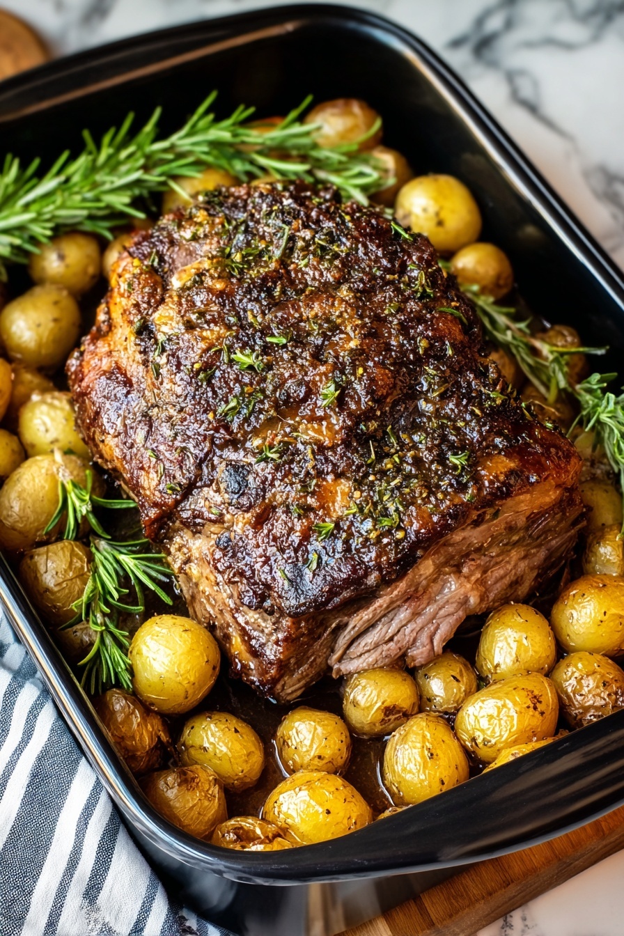 A roast of lamb with rosemary and garlic.