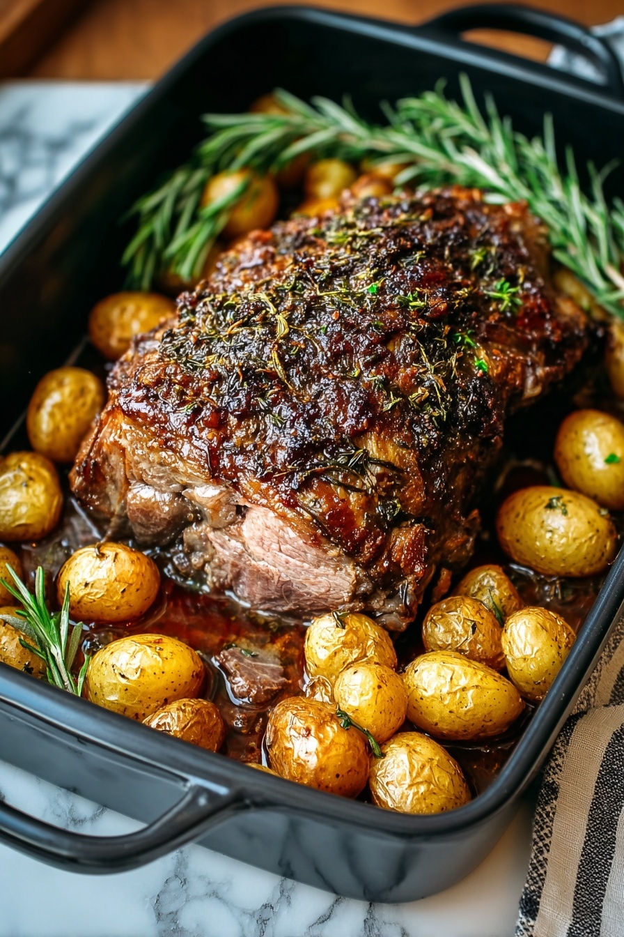 A roast of lamb with potatoes and rosemary.