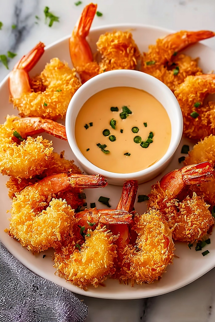 A plate of coconut shrimp with a dipping sauce.