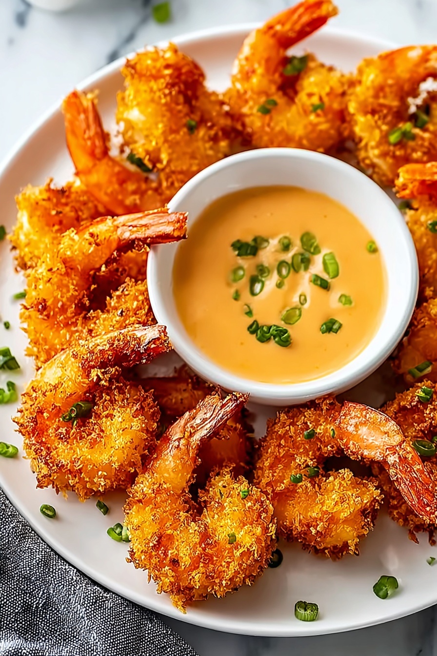 A plate of coconut shrimp with a dipping sauce.