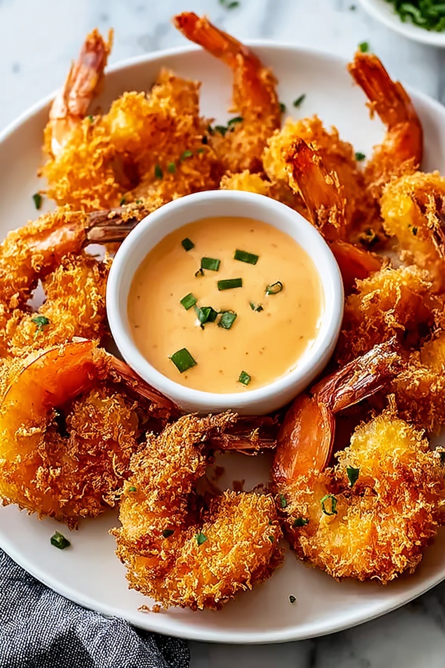 Coconut shrimp with a dipping sauce.