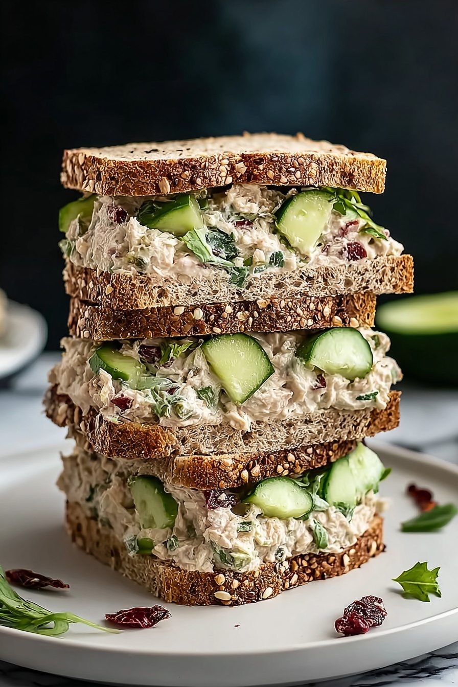 A stack of sandwiches with tuna salad and cucumbers.