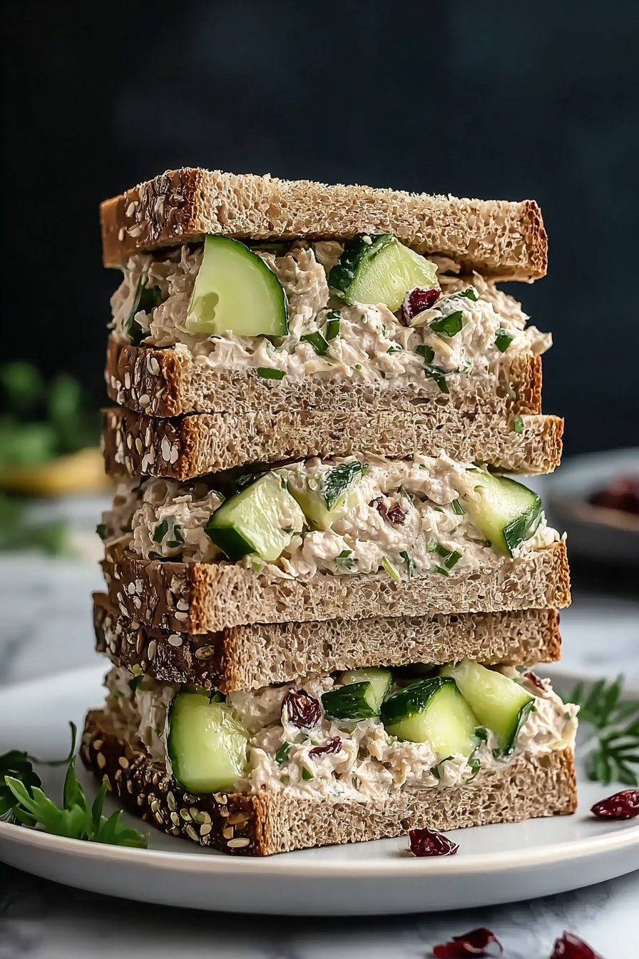 A stack of sandwiches with tuna salad and cucumbers.