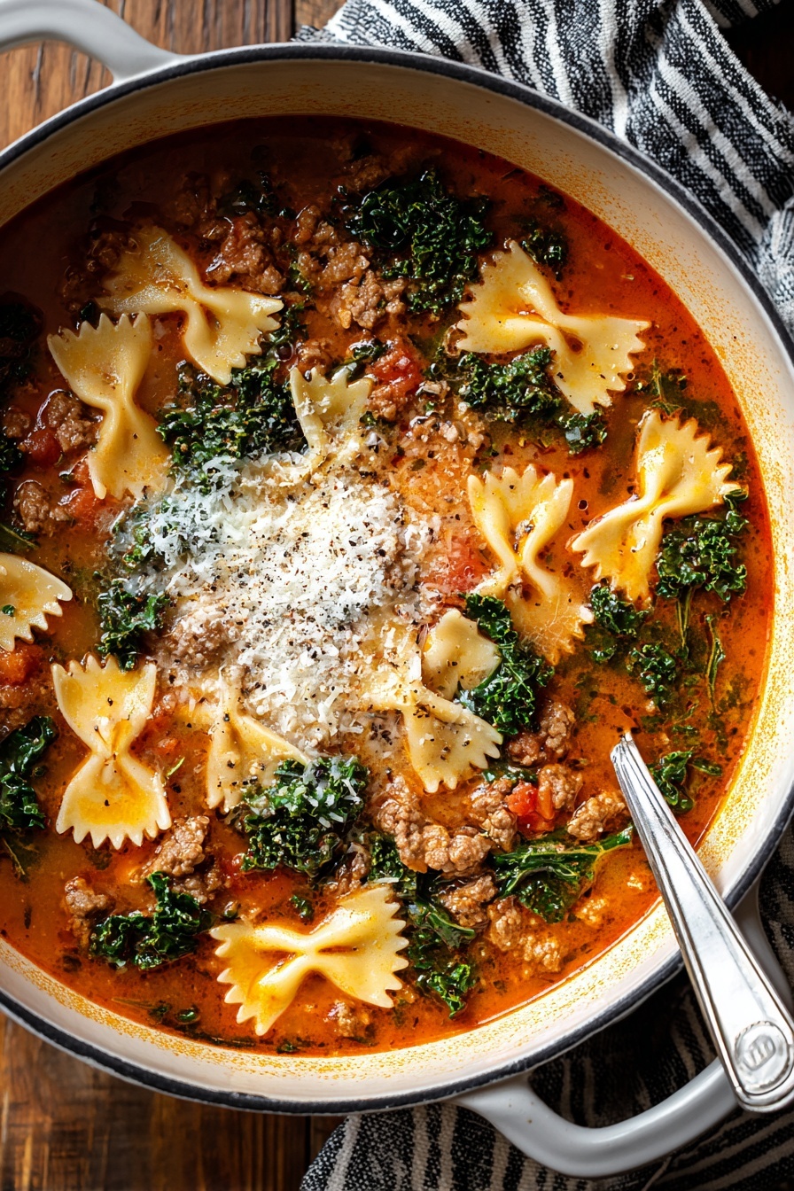 A bowl of soup with pasta and spinach.