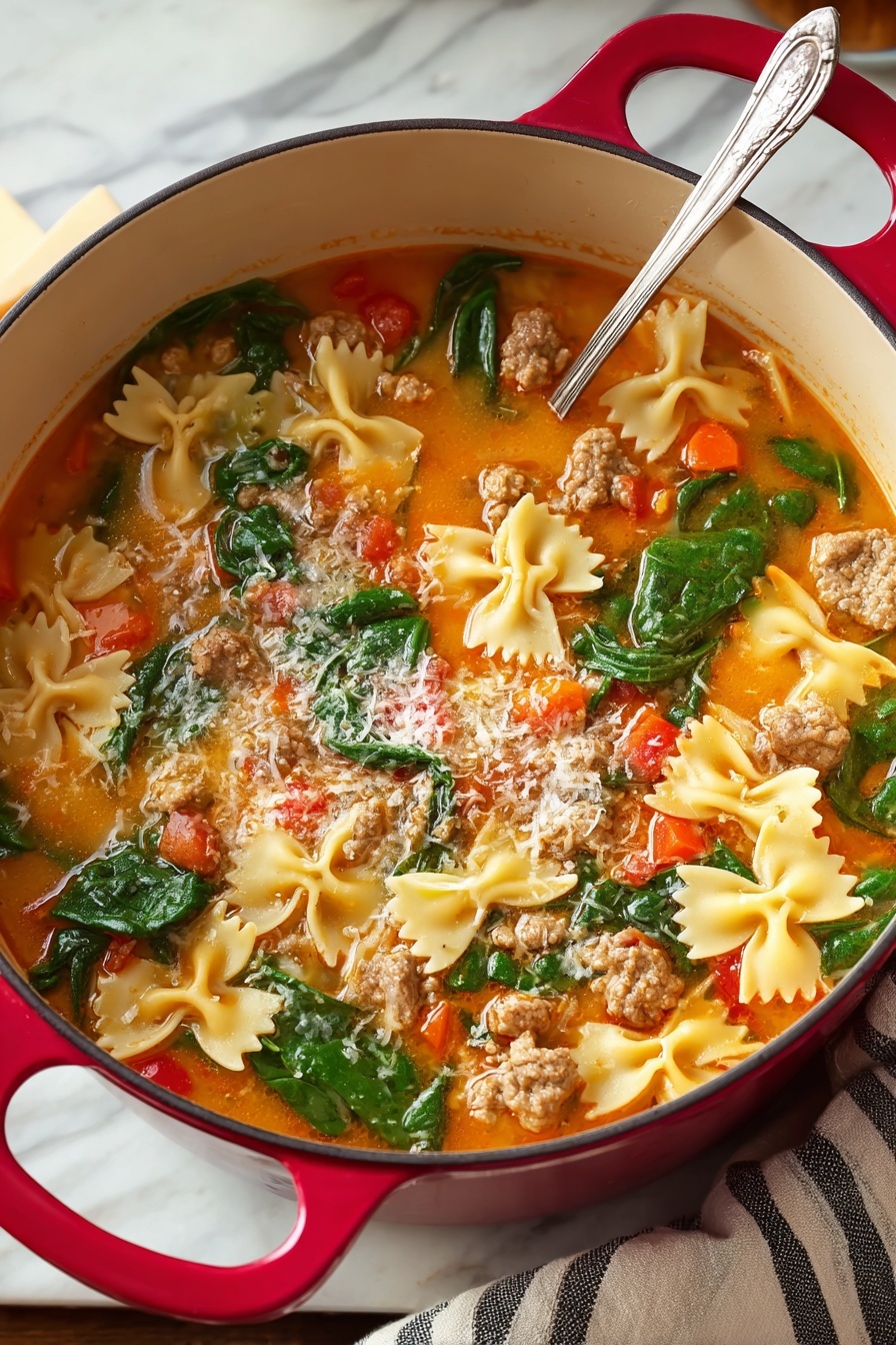 A bowl of soup with pasta and spinach.