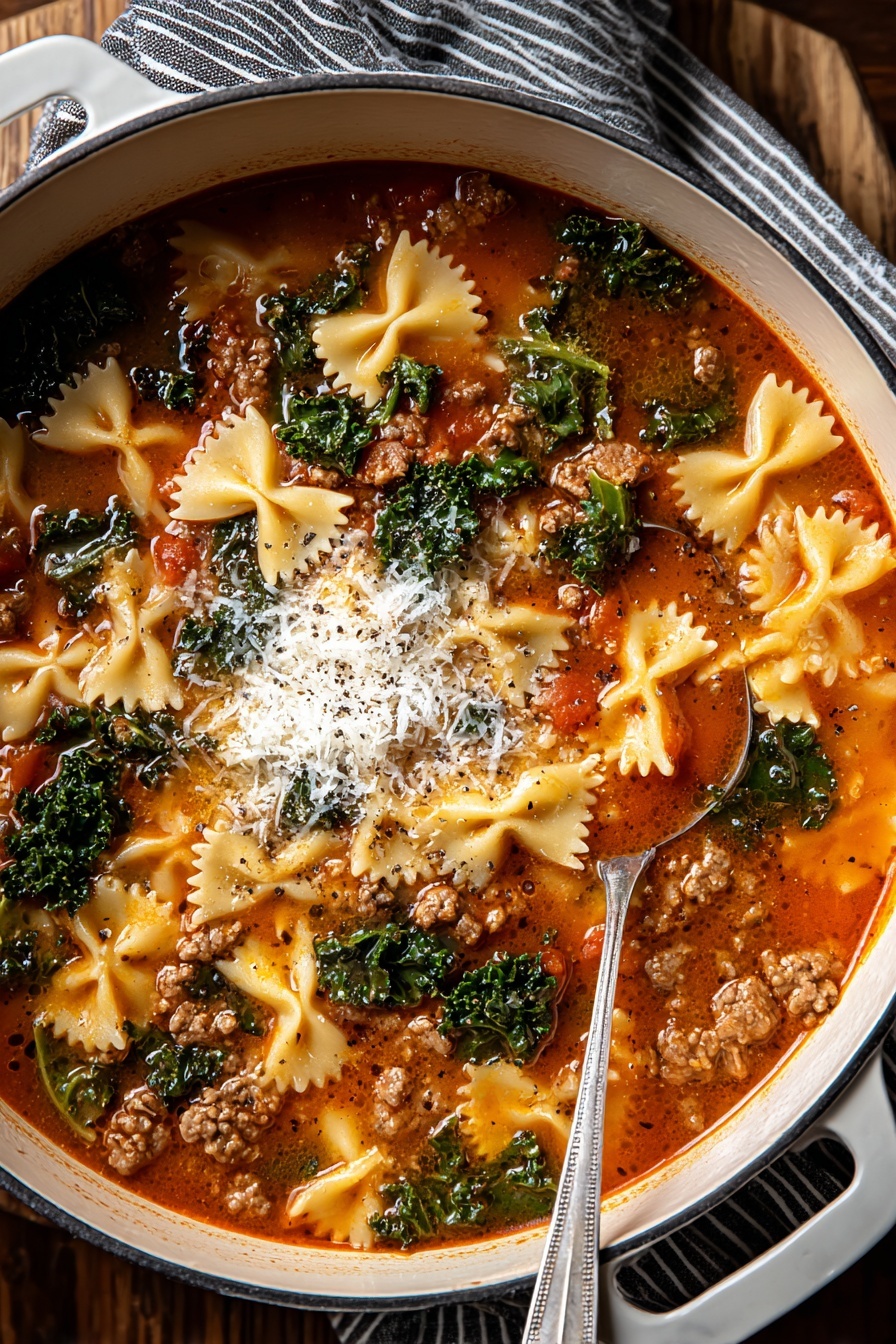 A bowl of soup with pasta and spinach.