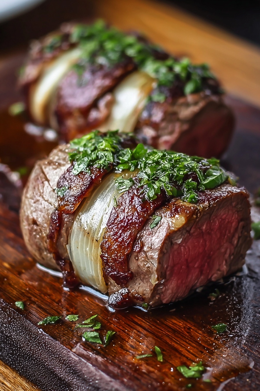 A piece of meat with onions and herbs on it.