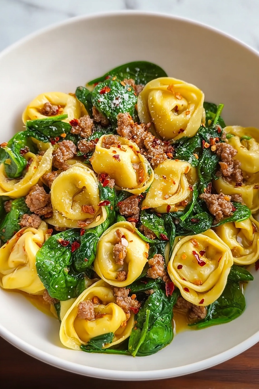 A plate of pasta with meat and greens.