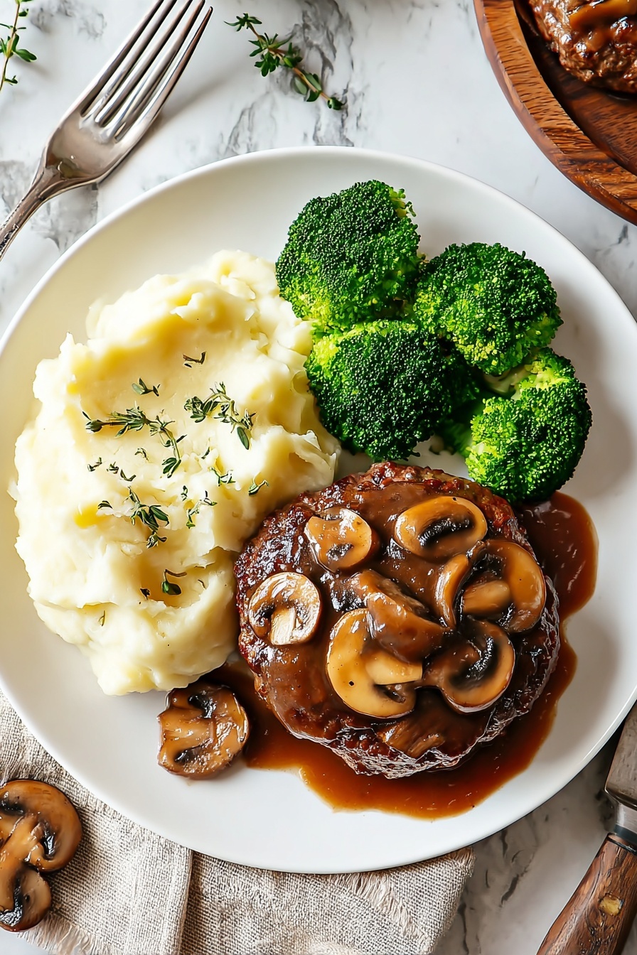 A plate of food with mushrooms and potatoes.