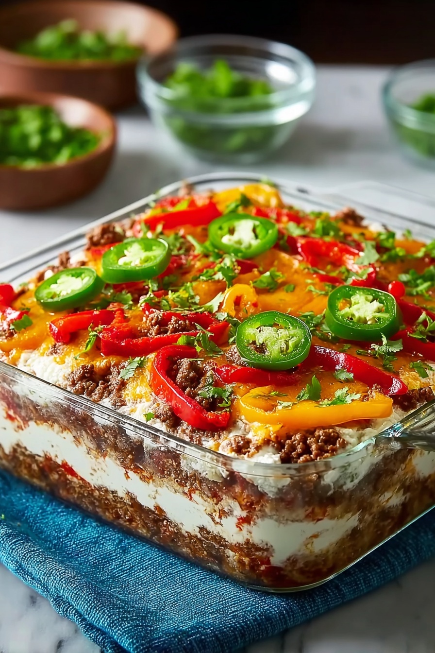 A casserole with peppers and onions on top.