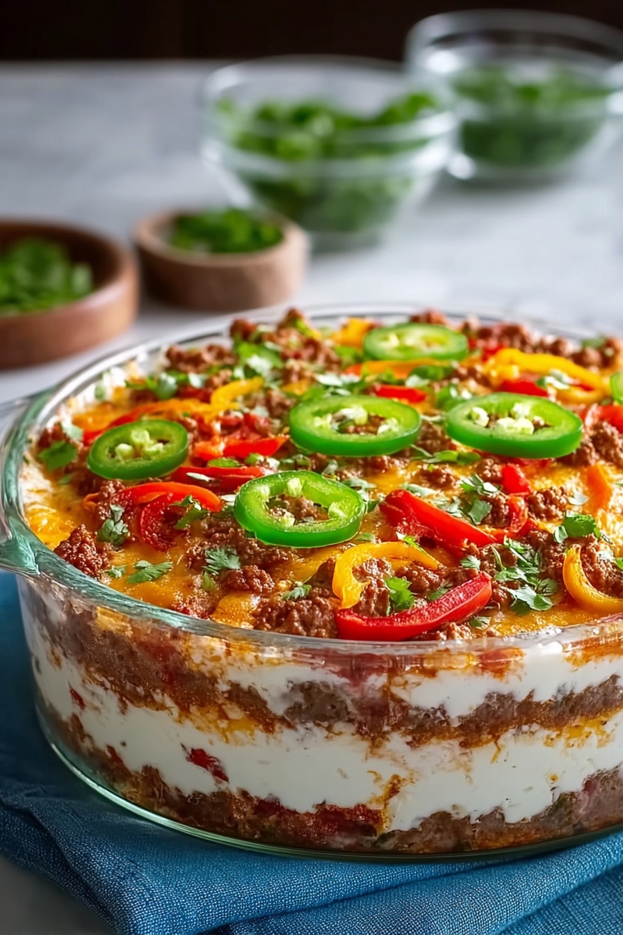 A dish of beef casserole with peppers and onions.