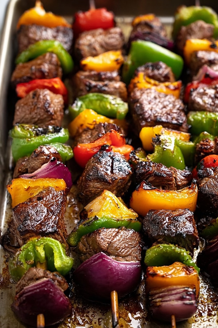 A tray of grilled beef kabobs with peppers and onions.