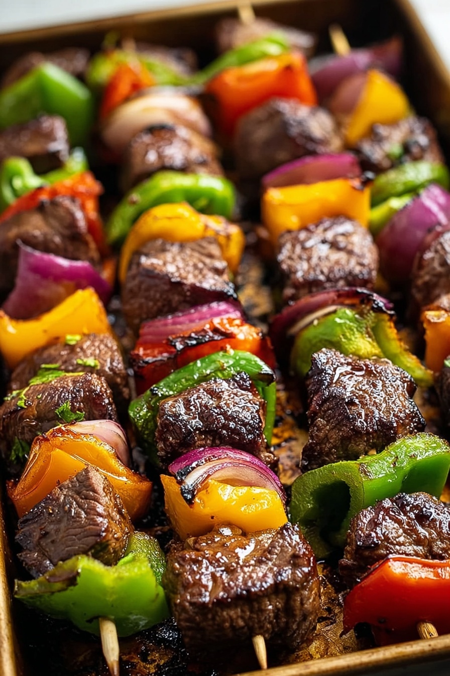 Grilled beef kabobs with peppers and onions.
