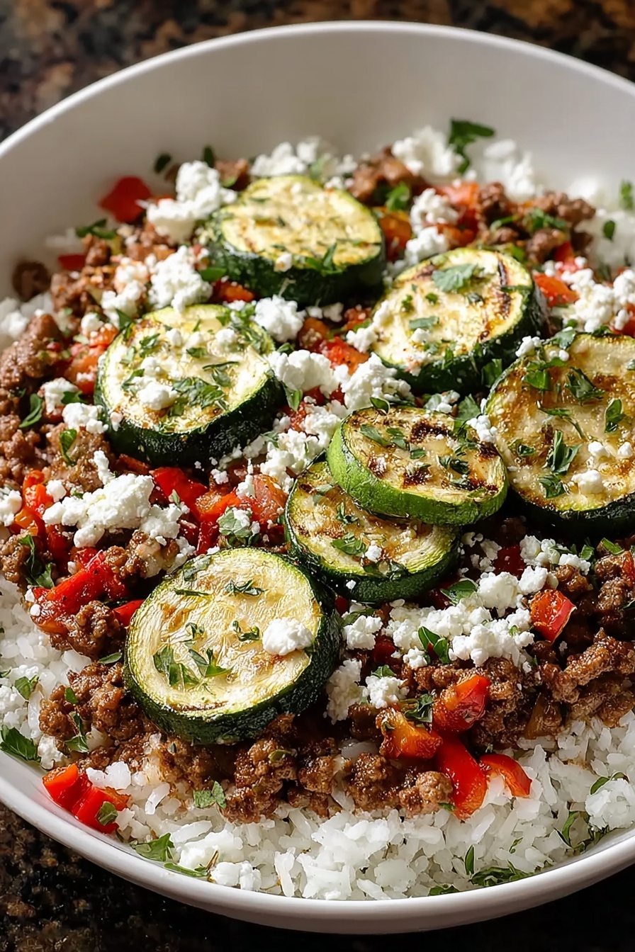 A Greek beef zucchini rice bowl.