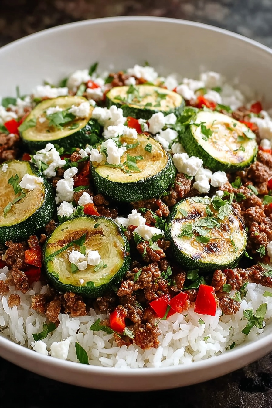 A Greek beef zucchini rice bowl.