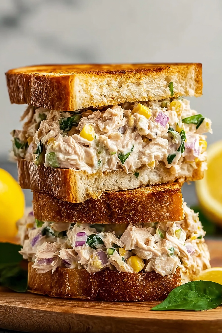 Three stacked tuna melts with lettuce and tomato.