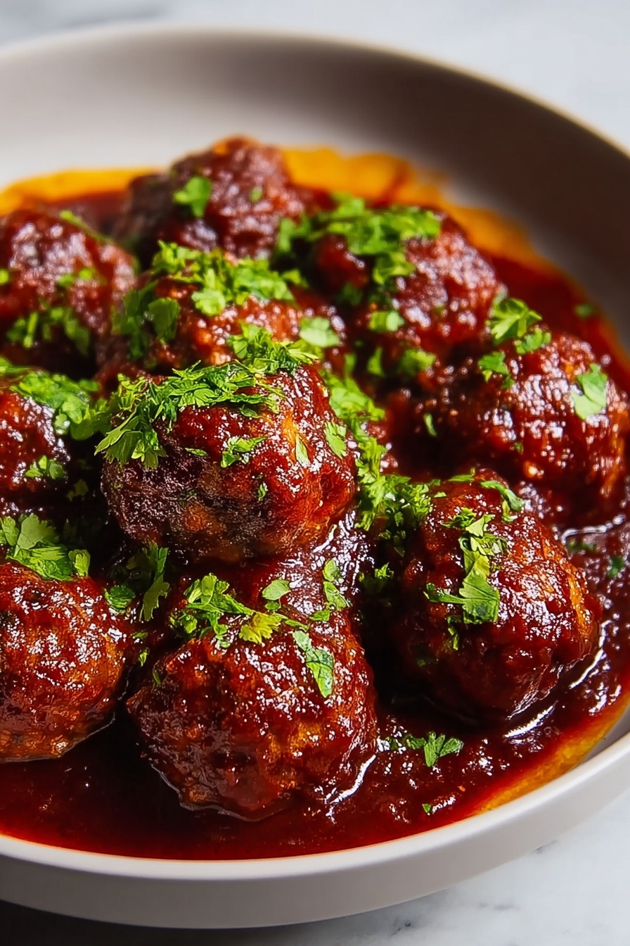 A bowl of meatballs with green herbs on top.