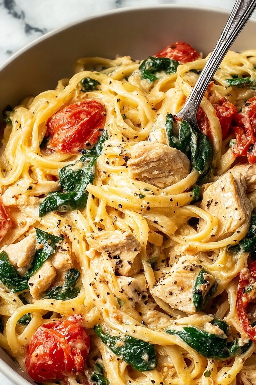 A bowl of creamy tuscan chicken pasta.
