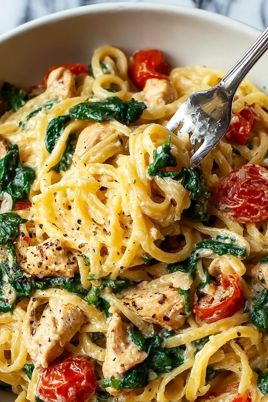 A bowl of creamy Tuscan chicken pasta.