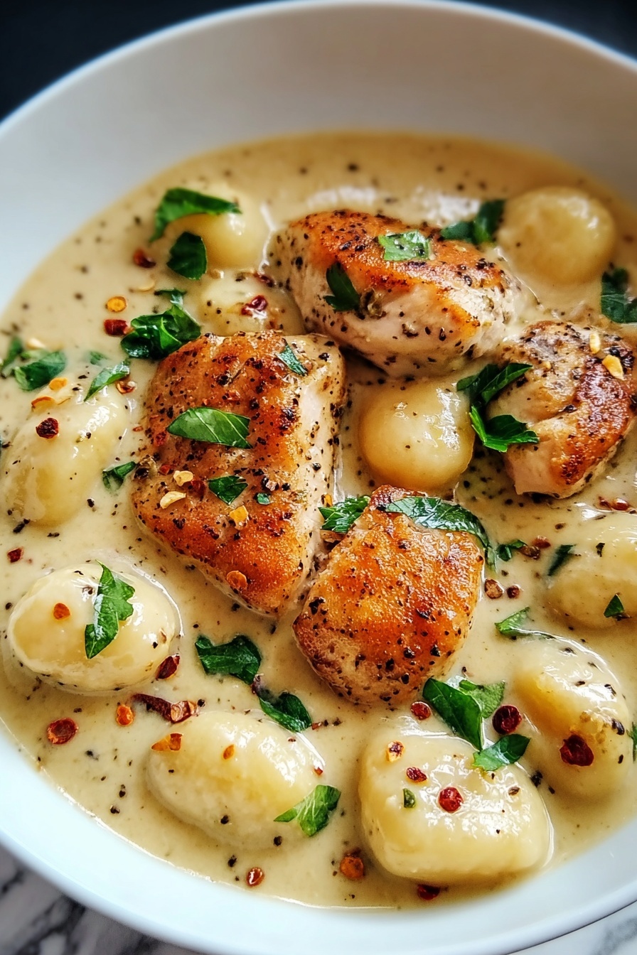 A dish of chicken and gnocchi in a creamy sauce.
