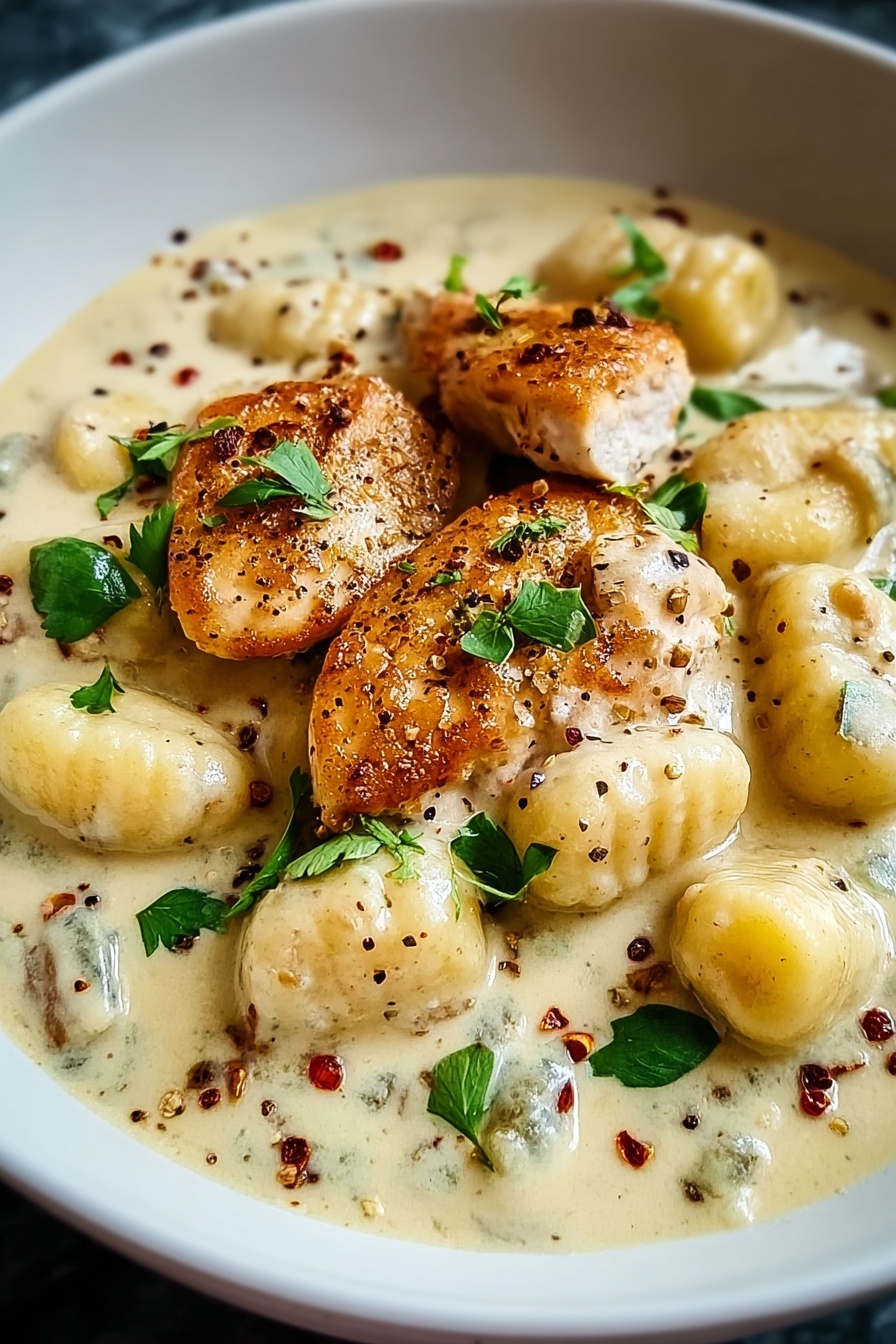 A dish of chicken and gnocchi in a creamy sauce.
