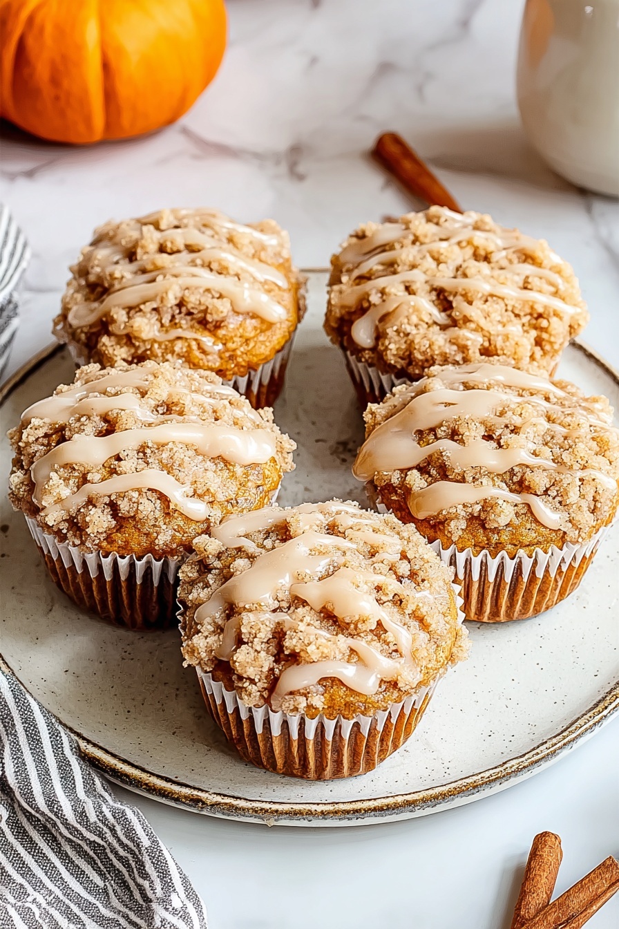 Four muffins with a brown sugar streusel topping.