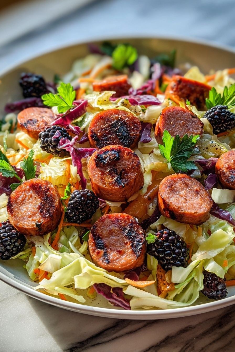 A plate of food with sausage, cabbage, and blackberries.