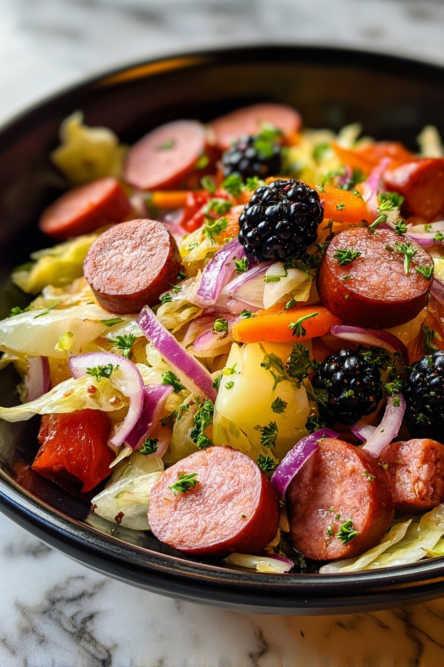 A bowl of food with a hot dog and blackberries.