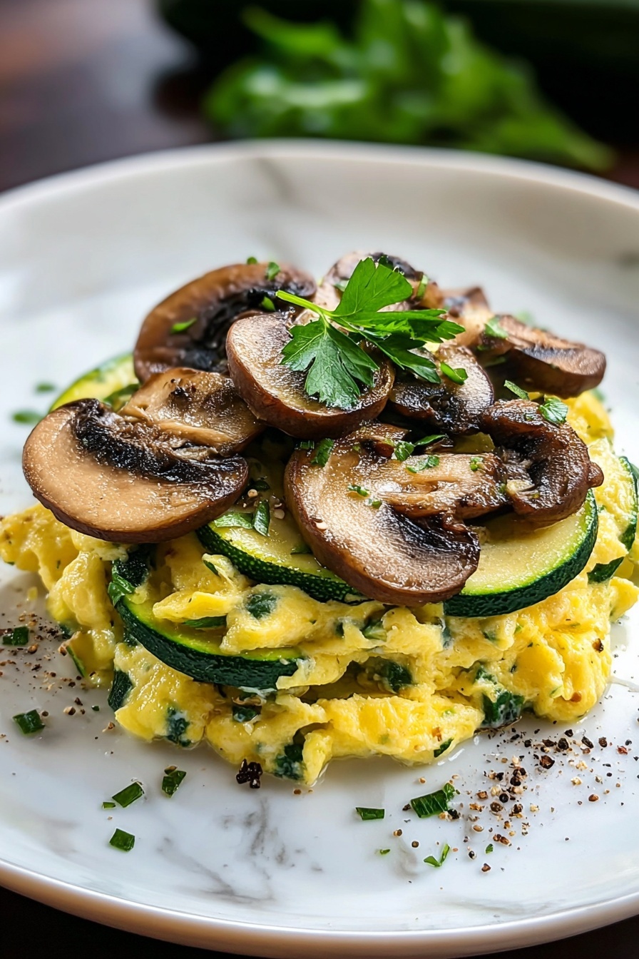 A plate of food with mushrooms and zucchini.