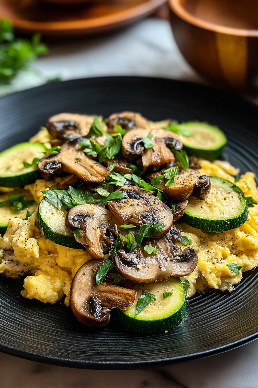 A plate of food with mushrooms and zucchini.