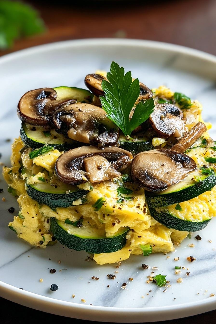 A plate of food with mushrooms and zucchini.