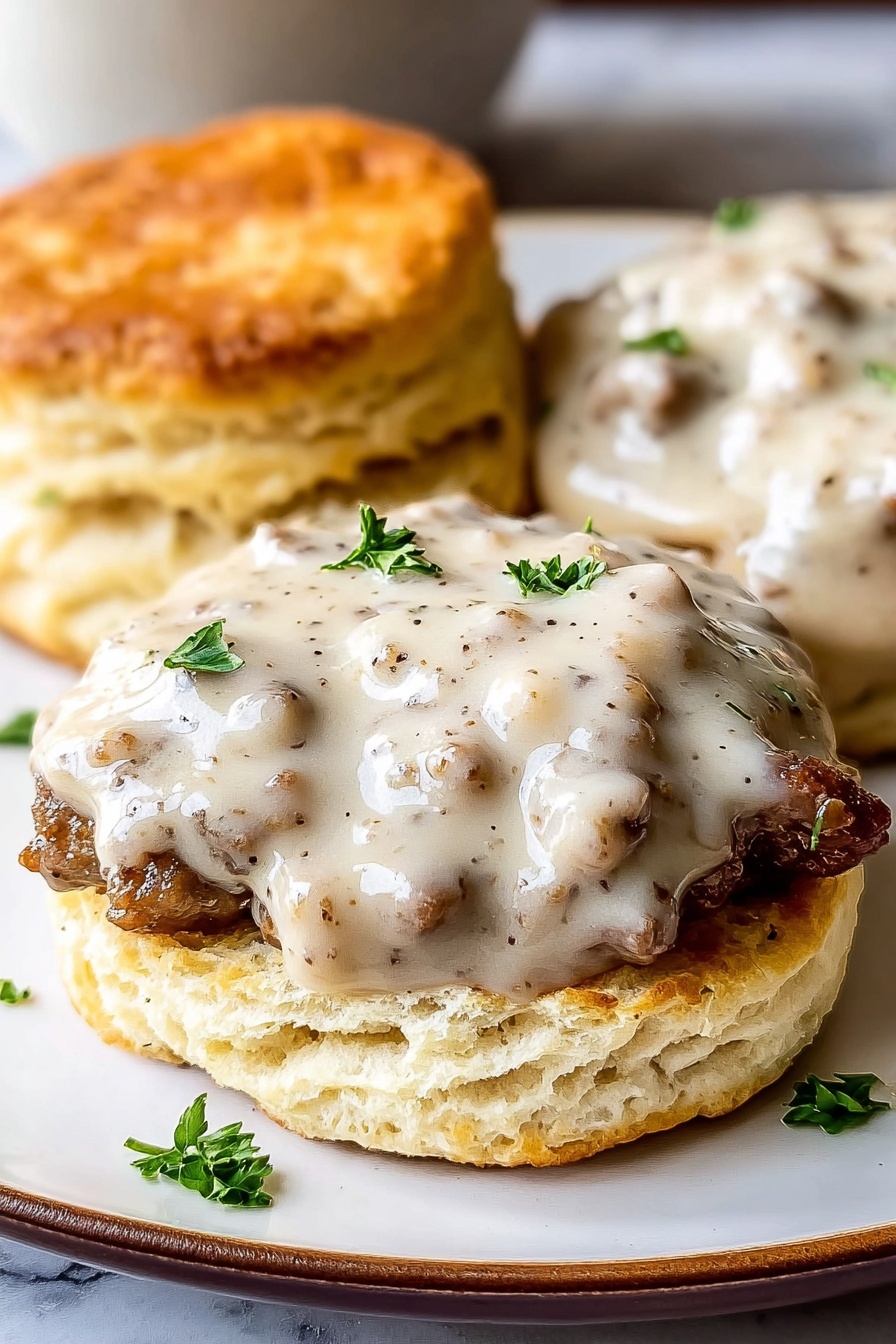 Two biscuits with sausage gravy on top.