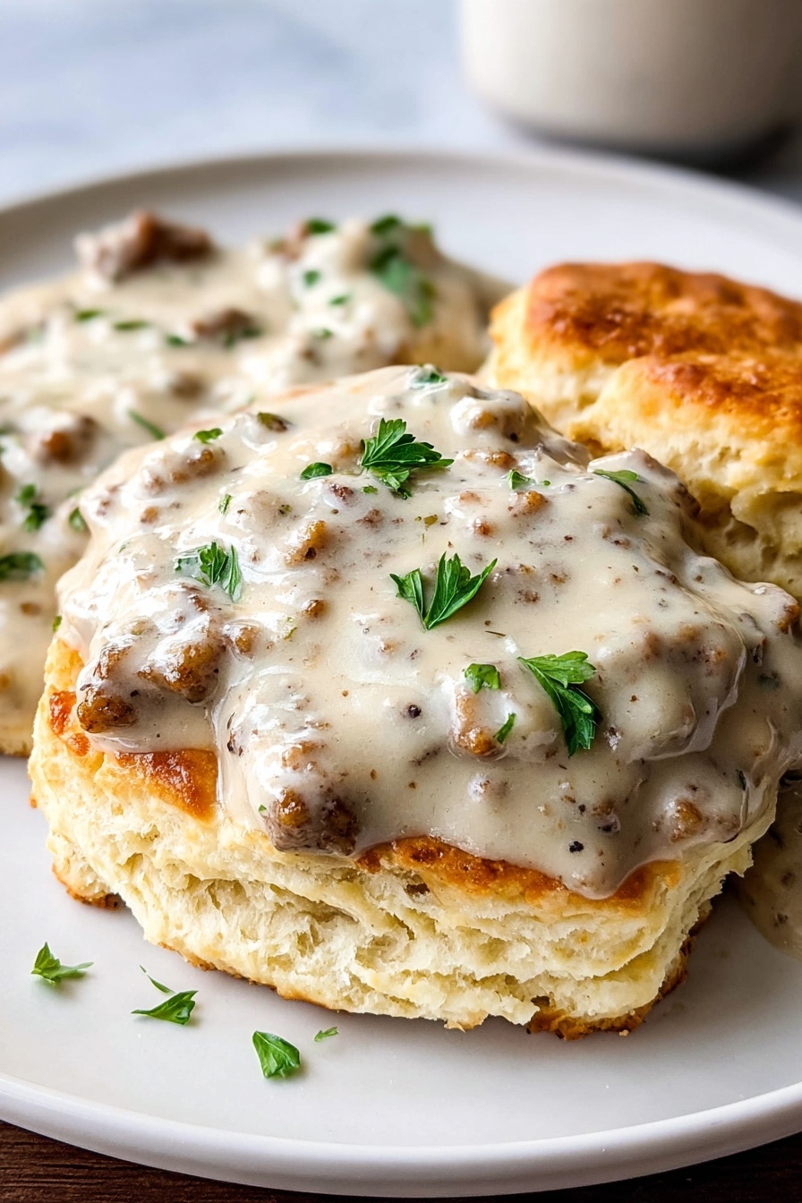 Two biscuits with sausage gravy on top.