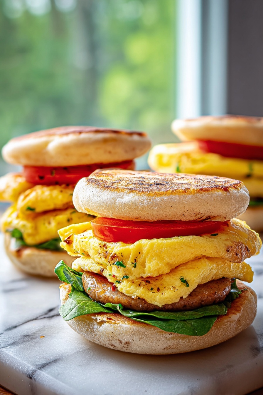 A stack of freezer breakfast sandwiches.