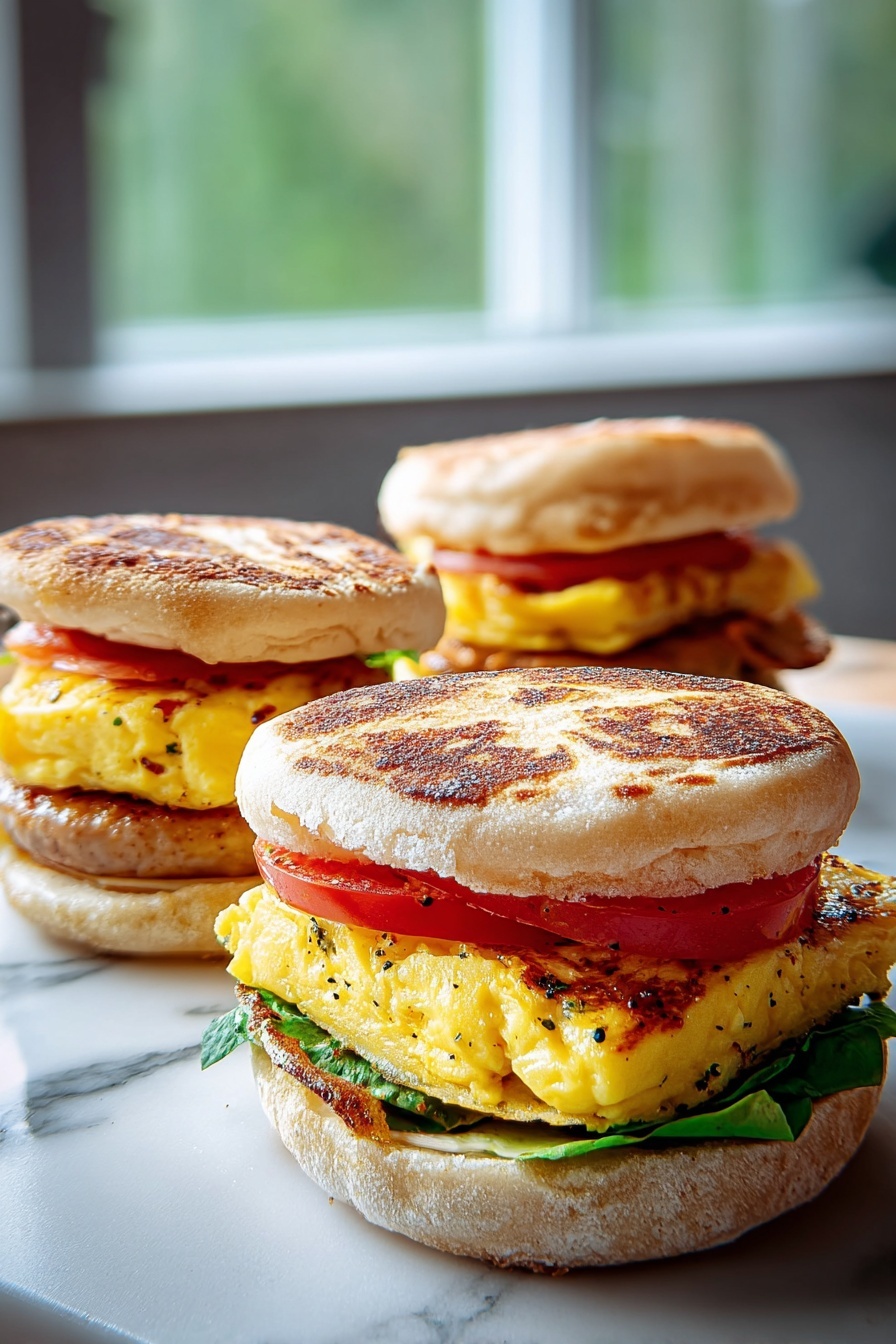 Two breakfast sandwiches with tomato and egg.