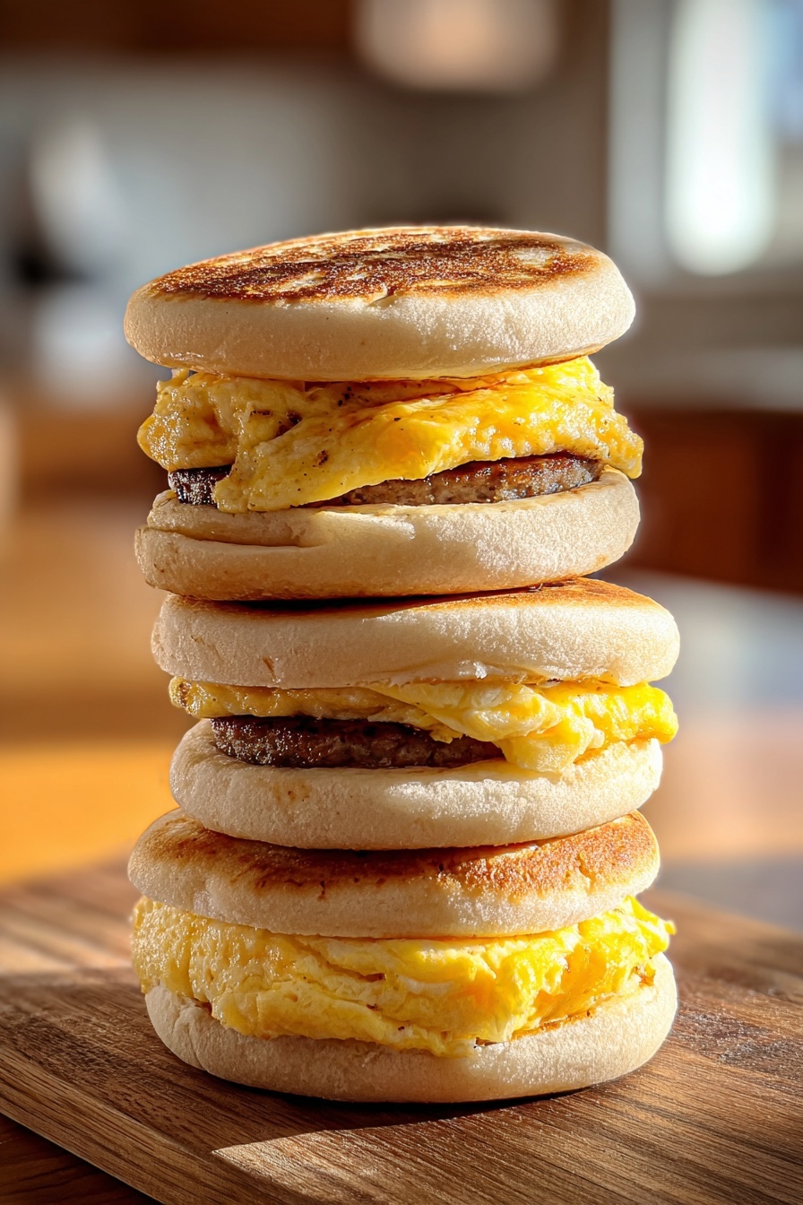 A stack of breakfast sandwiches.