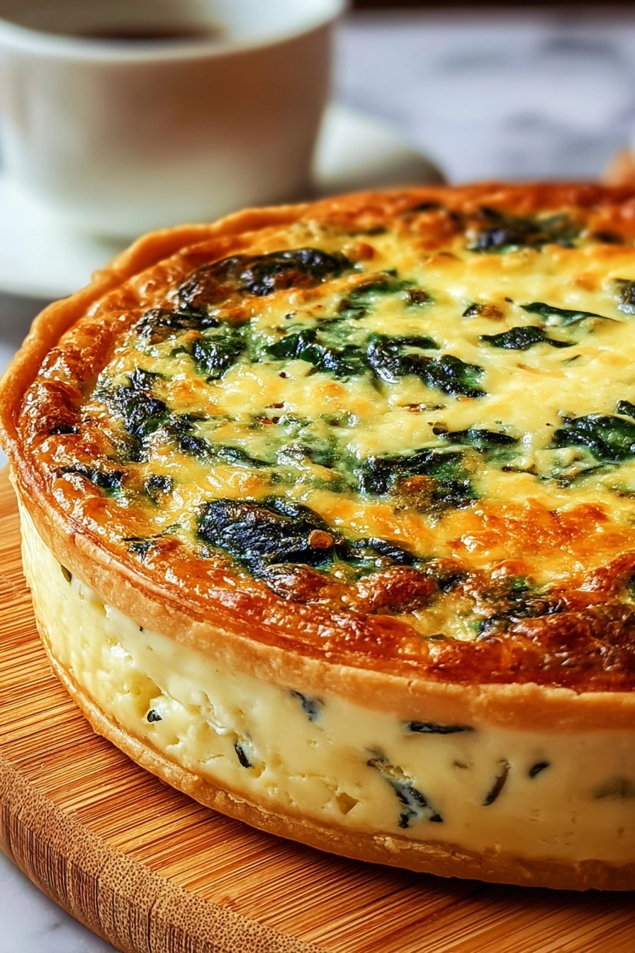 A crustless quiche with spinach and cottage cheese.