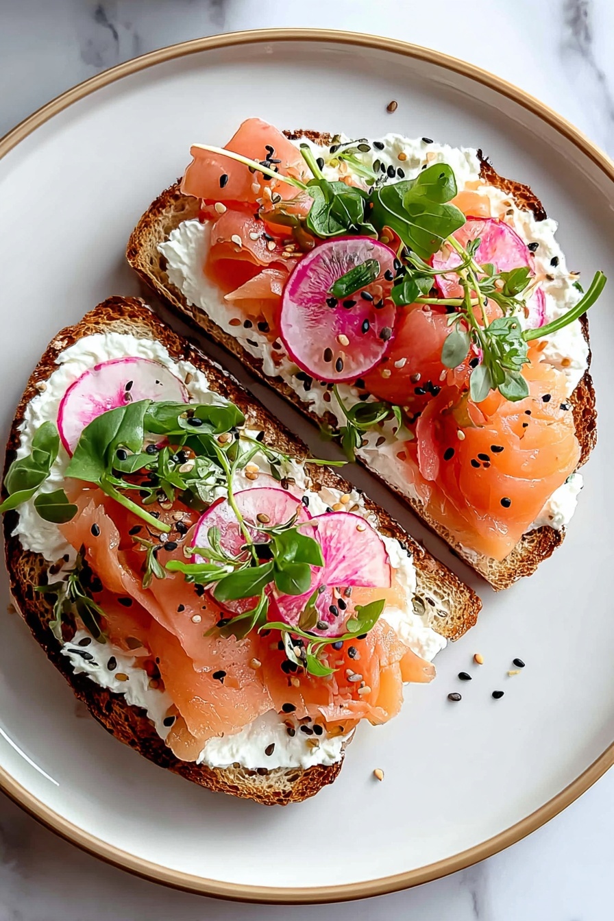 A plate of toast with smoked salmon and cottage cheese.