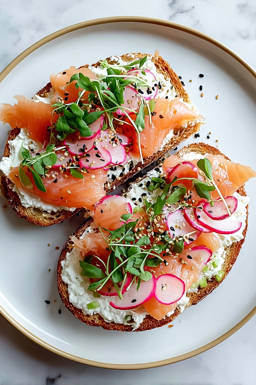 A plate of food with two slices of bread with fish and vegetables.