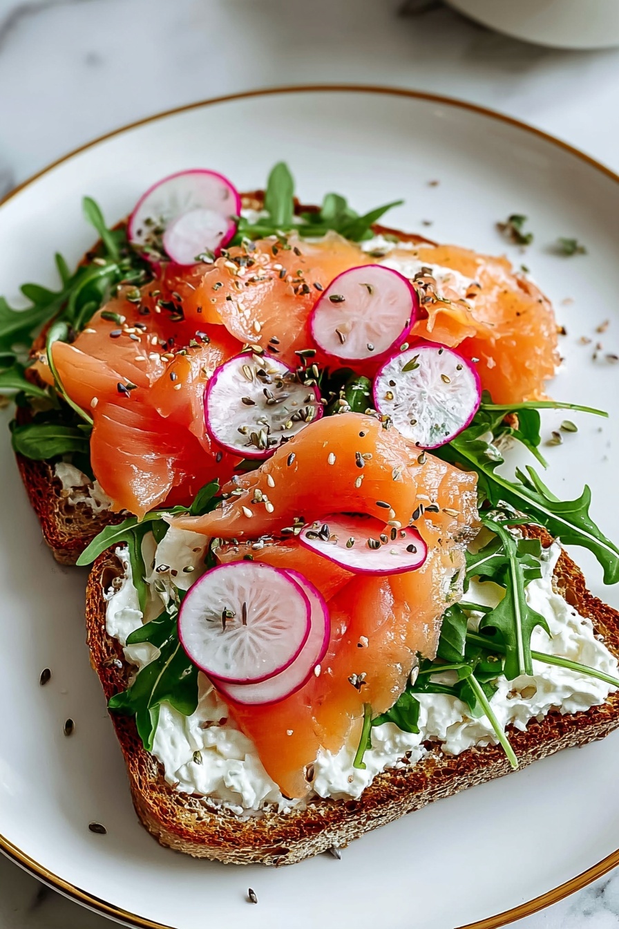A slice of bread with salmon, radish, and dill.