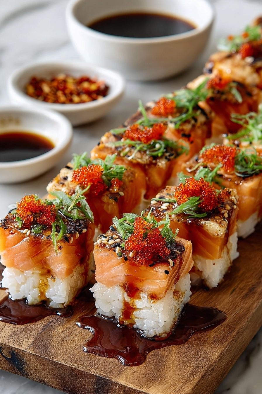 A plate of sushi with orange toppings.