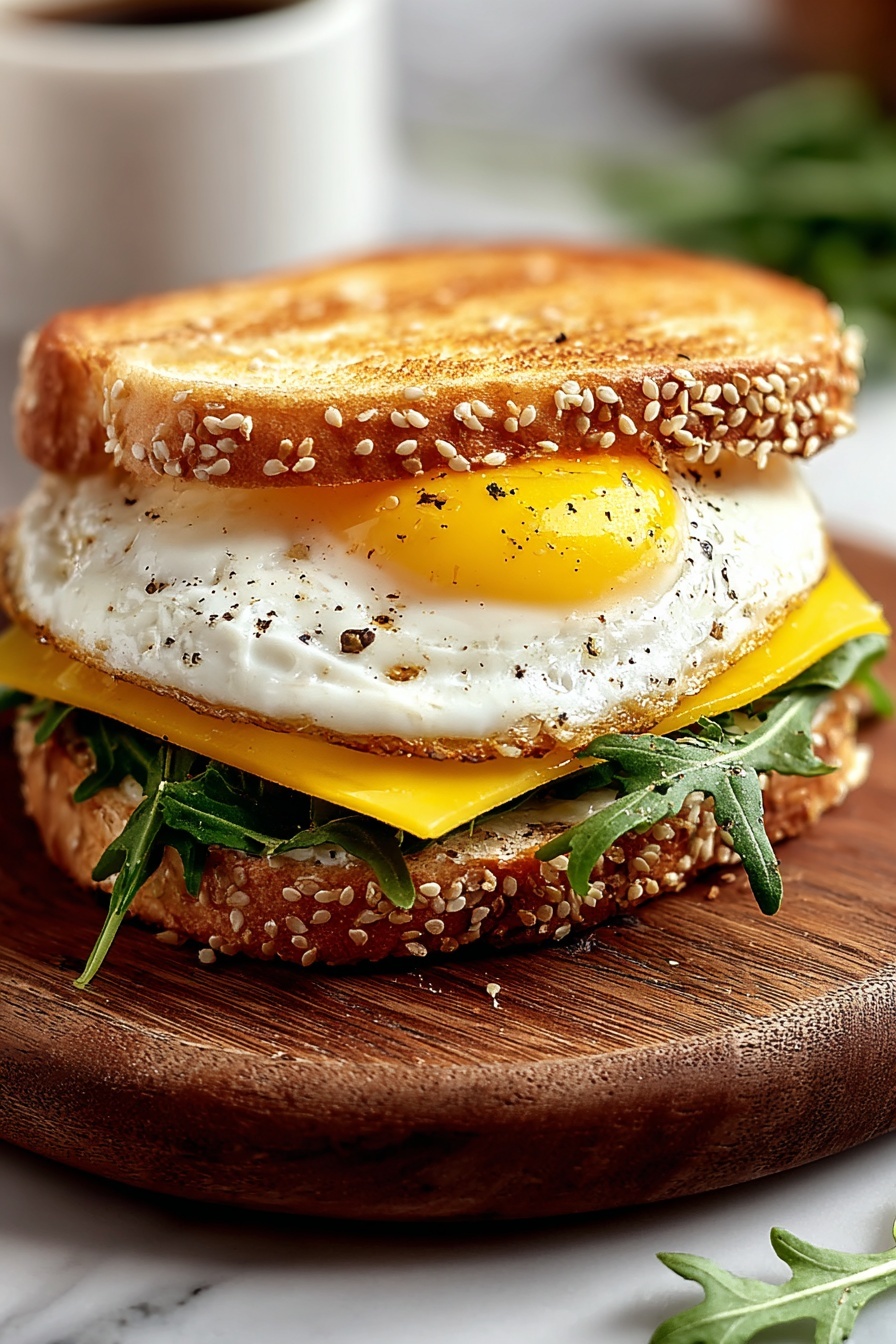 A classic fried egg sandwich on a wooden board.