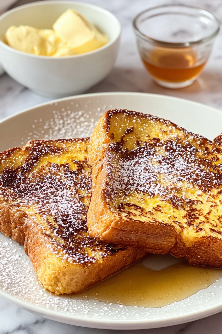 French toast with powdered sugar and syrup.