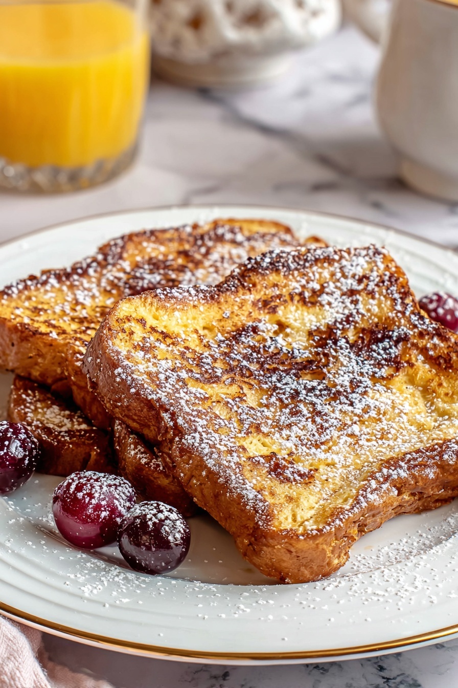 French toast with powdered sugar and fruit.