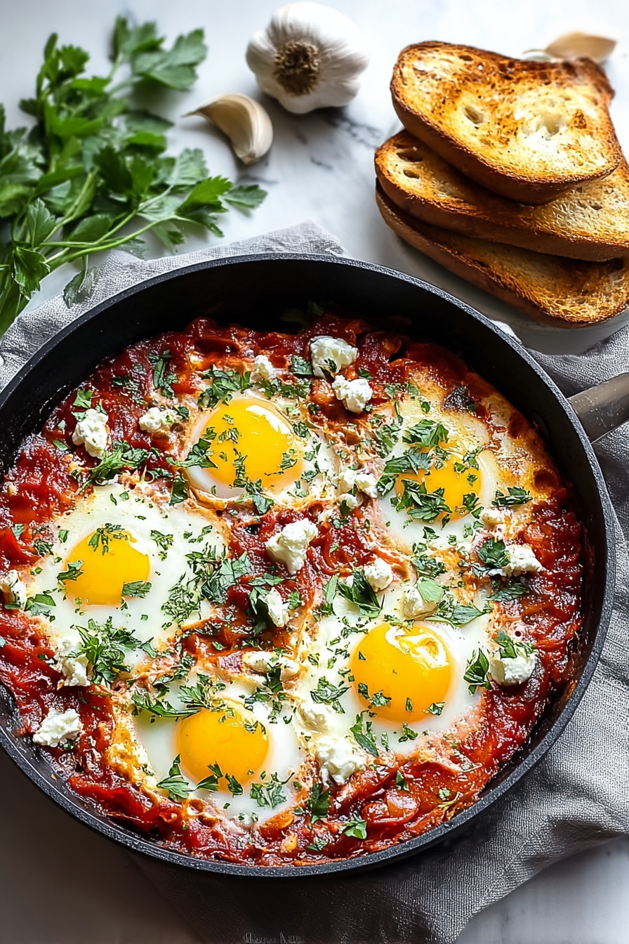 A delicious looking shakshuka with feta cheese and eggs.