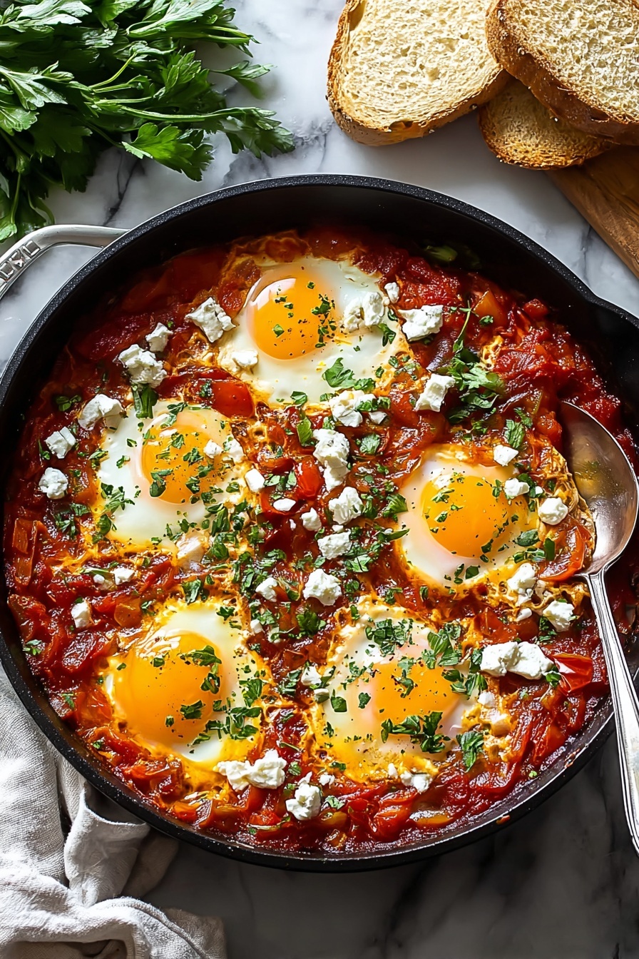 A delicious shakshuka dish with feta cheese and eggs.