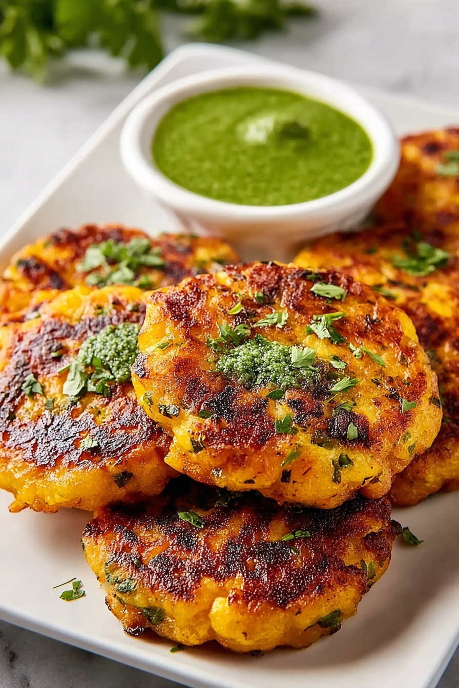 A plate of potato crispers with a green sauce.
